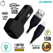 Kit Carregador Veicular 15W Tipo C + USB + Cabo Lightning 1m CV207UL Kimaster - Preto