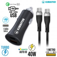 Kit Carregador Veicular Turbo 40W Tipo C + USB + Cabo Tipo C 1m CV209CC Kimaster - Preto